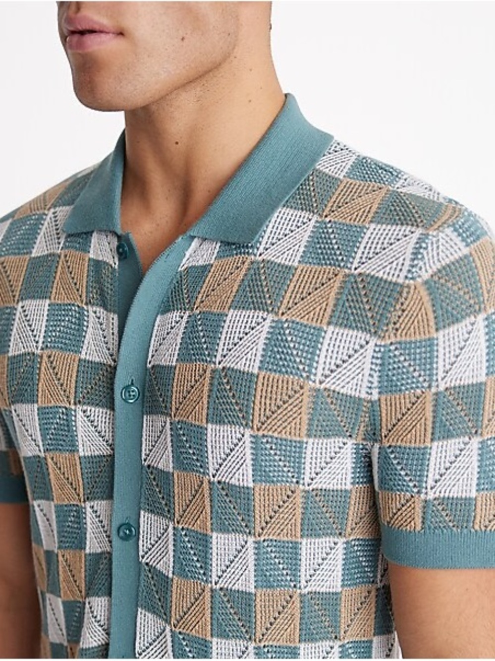 Express Teal, Tan & White Geometric Knit Button-Down Polo
